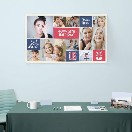 16th Birthday Custom Photo Collage Red Blue Banner (Messeveranstaltung)