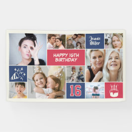 16th Birthday Custom Photo Collage Red Blue Banner