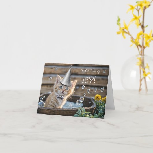 16th Birthday Cute and Funny Ginger Kitten Tub Karte (Gelbe Blume)