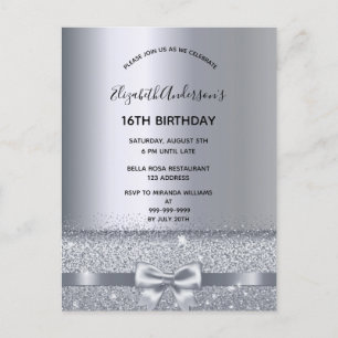 16th birthday party silver sparkle invitation postkarte