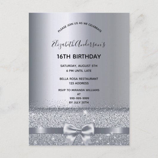 16th birthday party silver sparkle invitation postkarte (Vorderseite)