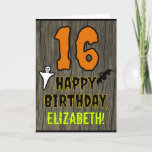 16th Birthday: Spooky Halloween Theme, Custom Name Karte<br><div class="desc">The front of this scary and spooky Halloween birthday themed greeting card design features a large number "16". It also features the message "HAPPY BIRTHDAY, ", plus an editable name. There are also depictions of a ghost and a bat on the front. The inside features a personalized birthday greeting message,...</div>