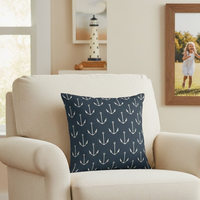 16x16 Nautical Anchors Navy Blue Throw Kissen (Navy blue anchor print throw pillow.)