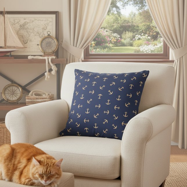 16x16 Navy Blue und Gold Ankerkissen für Sofa Kissen (Navy blue anchor throw pillow ⚓)