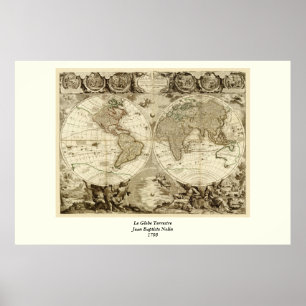 1708 Weltkarte von Jean Baptiste Nolin Poster