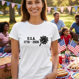 1776-2026 Minimale schwarze Typografie Feuerwerk T-Shirt