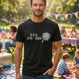 1776-2026 Minimale weiße Typografie Feuerwerk T-Shirt