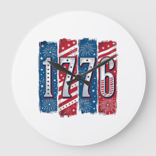 1776 Patriotische Feuerwerk Vintage-Vektordesign_1 Große Wanduhr