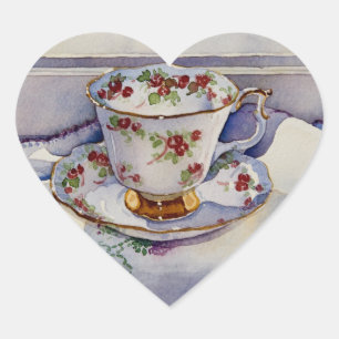 1799 Teacup auf Linen Herz-Aufkleber