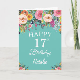 17. Geburtstag Aquarellfarben Blume Aquamarin Karte