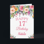 17. Geburtstag Aquarellfarben Blume Rosa Karte<br><div class="desc">17. Geburtstag Aquarell Blume Pink-Karte mit personalisiertem Namen und Alter. Für weitere Anpassungen klicken Sie bitte auf die Schaltfläche "Anpassen" und verwenden Sie unser Designwerkzeug,  um diese Vorlage zu ändern.</div>