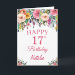 17. Geburtstag Aquarellfarben Blume Rosa Karte<br><div class="desc">17. Geburtstag Aquarell Blume Pink-Karte mit personalisiertem Namen und Alter. Für weitere Anpassungen klicken Sie bitte auf die Schaltfläche "Anpassen" und verwenden Sie unser Designwerkzeug,  um diese Vorlage zu ändern.</div>
