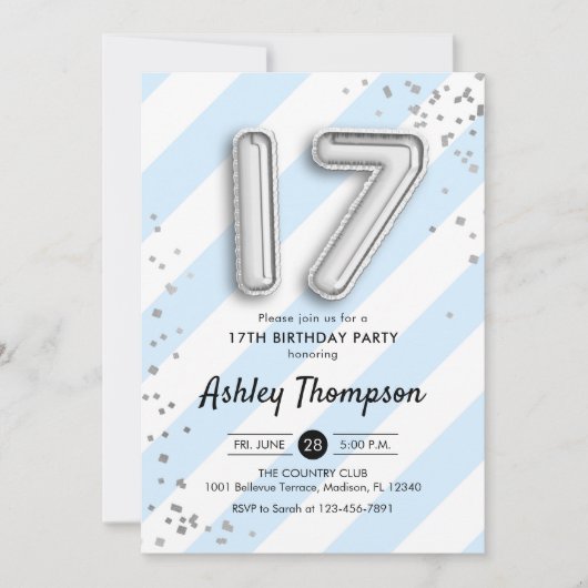17. Geburtstag - Blaue Streifen und Silberballons Einladung (Vorderseite)