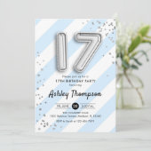 17. Geburtstag - Blaue Streifen und Silberballons Einladung (Stehend Vorderseite)