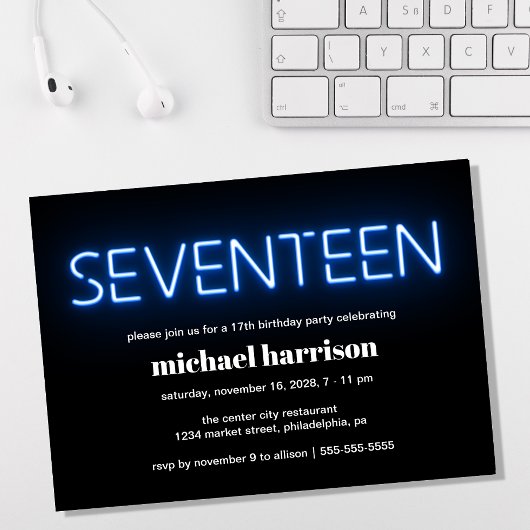 17. Geburtstag Blue Neon Lights Party Einladung