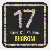 17. Geburtstag: Blumennummer, Individuelle Name, B Quadratischer Aufkleber (Vorderseite)