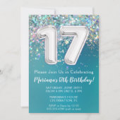 17. Geburtstag Einladung Aquamarin Silber Glitzer (Vorderseite)