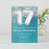 17. Geburtstag Einladung Aquamarin Silber Glitzer (Stehend Vorderseite)