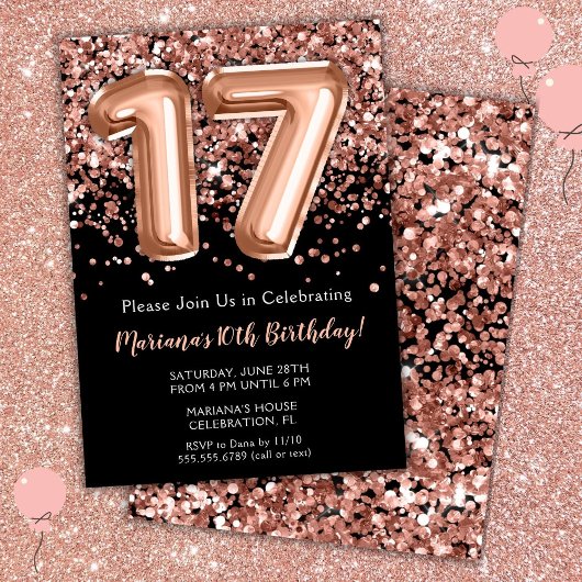 17. Geburtstag Einladung Black Rose Gold Glitzer