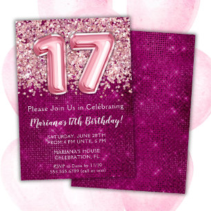 17. Geburtstag Einladung Girl Magenta Pink Glitzer