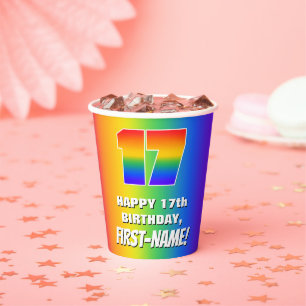 17. Geburtstag: Farbiges, lustiges Regenbogenmuste Pappbecher