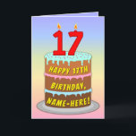 17. Geburtstag — Fun Cake & Candles, w/Individuell Karte<br><div class="desc">Dieses fröhliche und farbenprächtige Geburtstagskarten-Design zeigt eine Cartoon-Darstellung eines dreistufigen Geburtstagskuchens mit nummerförmigen Kerzen oben, die das Alter "17" zeigen, zusammen mit der Meldung "GLÜCKLICHER 17. BIRTHTAG" und einem benutzerdefinierten Empfängernamen. Der Hintergrund der Vorderseite weist ein farbenfroh pastellfarbenes Regenbogenspektrum mit inspiriertem Farbverlauf auf. Im Inneren befindet sich eine personalisierte Geburtstagsgrüßbotschaft,...</div>