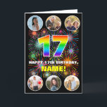 17. Geburtstag: Fun Rainbow #, Individuelle Name & Karte<br><div class="desc">An der Vorderseite dieser kühnen und lustigen Geburtstagskartendesign steht die Nummer "17" mit einem inspirierten Farbverlauf aus Regenbogenspektrum, die Meldung "HAPPY 17. BIRTHDAY" und ein personalisierter Name auf einem farbenfrohen Feuerwerk inspiriert Muster. In der Nähe von oben und unten sind Bilder, die individuell angepasst werden können, vielleicht mit Fotos der...</div>