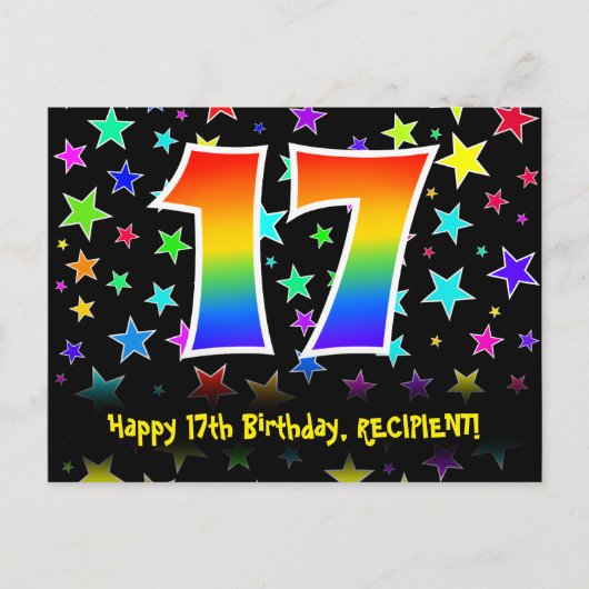 17. Geburtstag: Fun Sterne Muster, Regenbogen 17, Postkarte (Vorderseite)