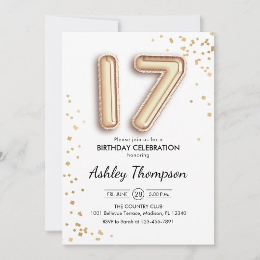 17. Geburtstag - Goldballons Einladung (Vorderseite)