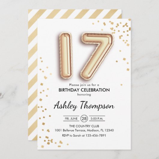 17. Geburtstag - Goldballons Einladung (Vorne/Hinten)