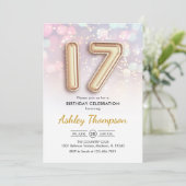17. Geburtstag - Goldene Balloons Rosa Lichter Einladung (Stehend Vorderseite)