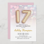 17. Geburtstag - Goldene Balloons Rosa Lichter Einladung (Vorne/Hinten)