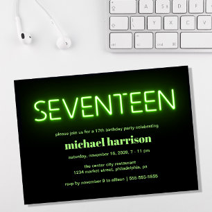 17. Geburtstag Grünes Neon Lights Party Einladung