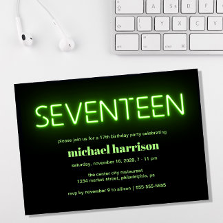 17. Geburtstag Grünes Neon Lights Party Einladung