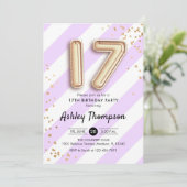 17. Geburtstag - Lila Streifen und Goldballons Einladung (Stehend Vorderseite)