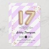 17. Geburtstag - Lila Streifen und Goldballons Einladung (Vorne/Hinten)