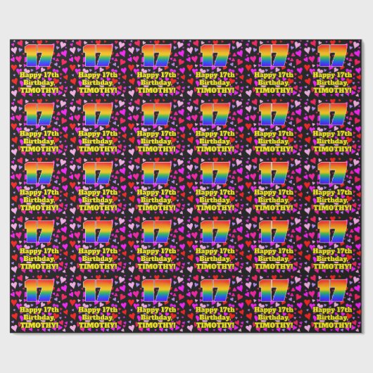 17. Geburtstag: Loving Hearts Pattern, Regenbogen  Geschenkpapier (Flach)