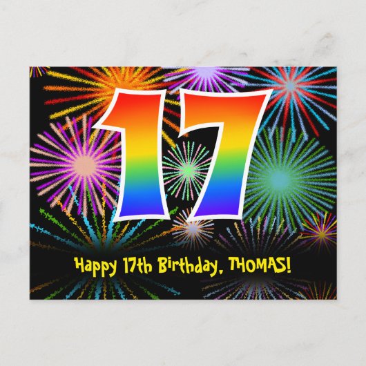 17. Geburtstag – Lustiges Feuerwerk Muster + Regen Postkarte (Vorderseite)