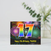 17. Geburtstag – Lustiges Feuerwerk Muster + Regen Postkarte (Stehend Vorderseite)