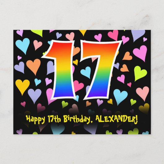 17. Geburtstag: Lustiges Herzen-Muster, Regenbogen Postkarte (Vorderseite)