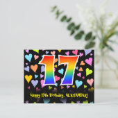 17. Geburtstag: Lustiges Herzen-Muster, Regenbogen Postkarte (Stehend Vorderseite)