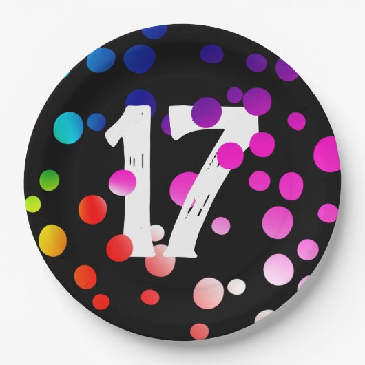 17. Geburtstag Rainbow Dots auf Black Paper Teller (Vorderseite)