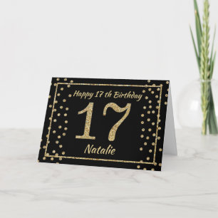 17. Geburtstag Schwarz und Gold Glitter Konfetti K Karte