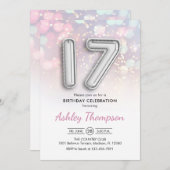 17. Geburtstag - Silberballons Rosa Lichter Einladung (Vorne/Hinten)