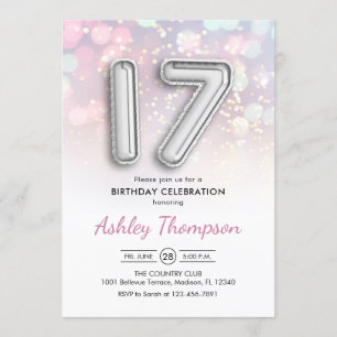 17. Geburtstag - Silberballons Rosa Lichter Einladung