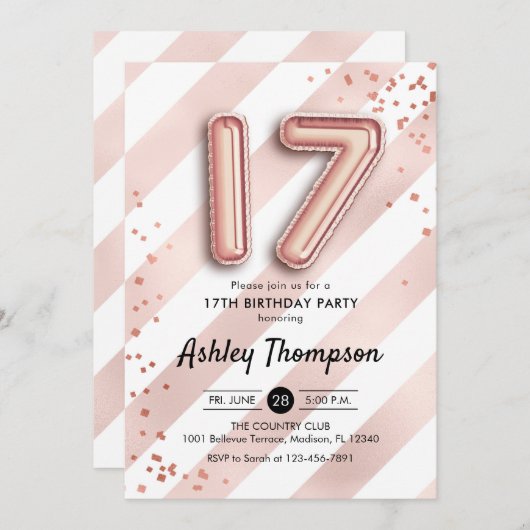 17. Geburtstag - Streifen Rose Goldballons Einladung (Vorne/Hinten)