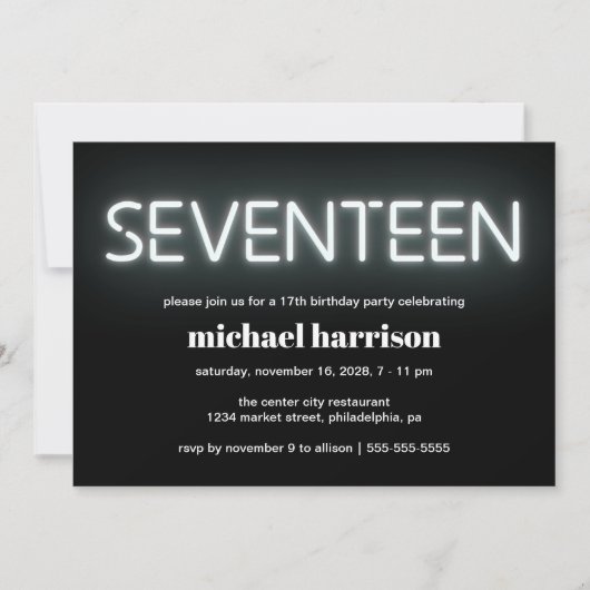 17. Geburtstag Weißes Neonlicht-Party Einladung (Vorderseite)