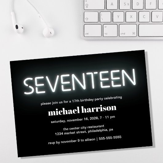 17. Geburtstag Weißes Neonlicht-Party Einladung