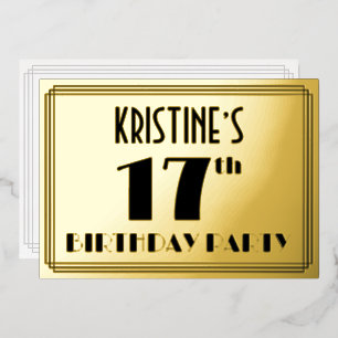 17. Geburtstagsfeier — Art Deco-Look „17“ + Name Folieneinladung