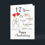 17. Geburtstagskarte mit Herzblasen Dankeskarte<br><div class="desc">Jubiläumskarte Inside: Ich Liebe dir mehr als Worte sagen können. Jeden Single Tag, immer und für immer einen Tag. Beschreibung des glücklichen Jubiläums: Diese Jubiläumskarte hat ein großes goldenes Herz im Hintergrund, leicht verblasst, mit "17 Jahren" oben auf der Karte und "Glücklicher Jubiläum" unten. Zwei liebevolle Strichmännchen halten zwei miteinander...</div>